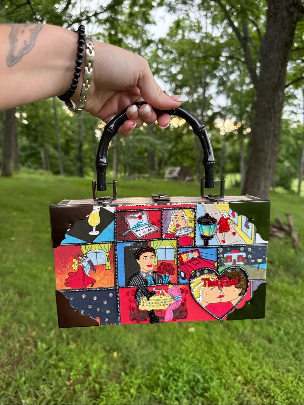 Vintage Choice Made Cigar Box Pop Art Comic Strip Bamboo Handle Handbag